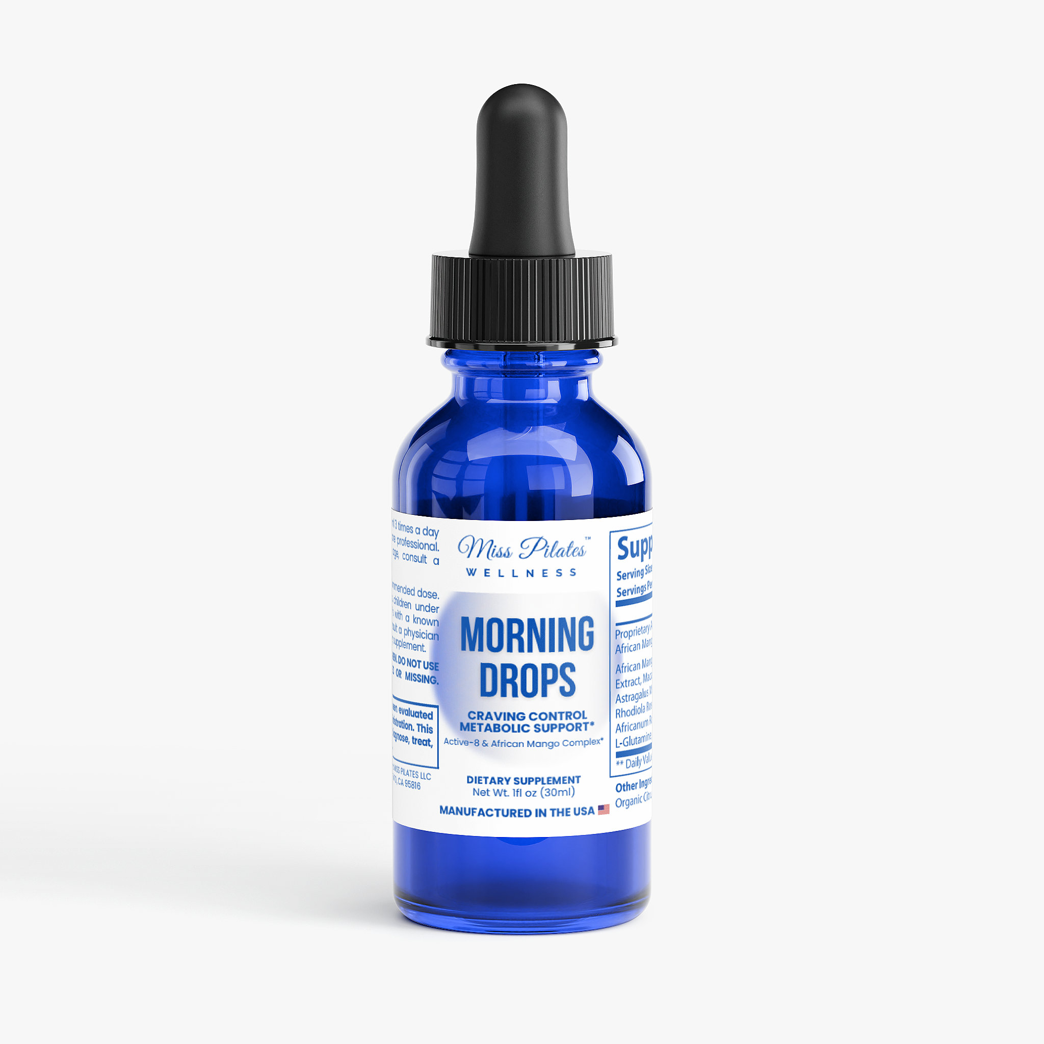Miss Pilates Wellness Morning Drops — craving control metabolic support tincture in cobalt blue bottle